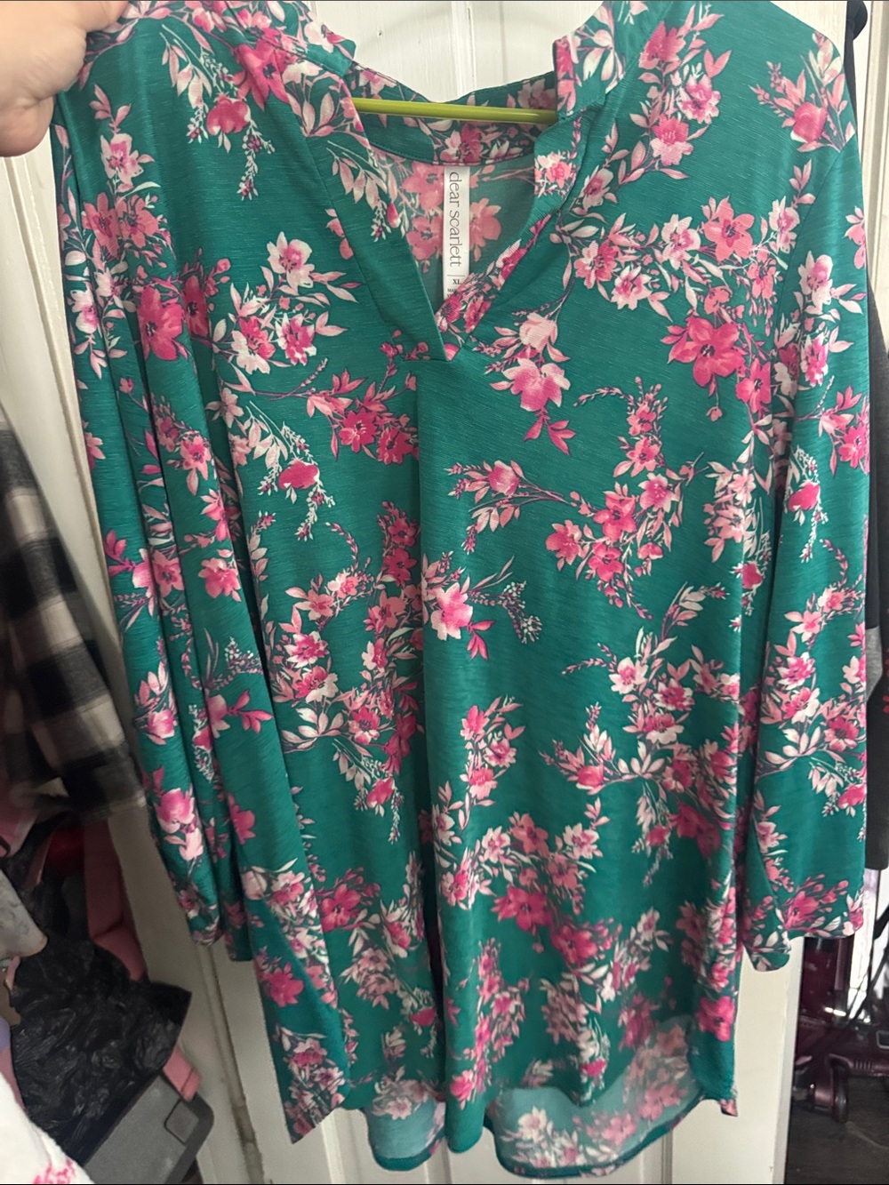 Scarlett Floral Teal V-Neck Tunic with Pink Blossoms